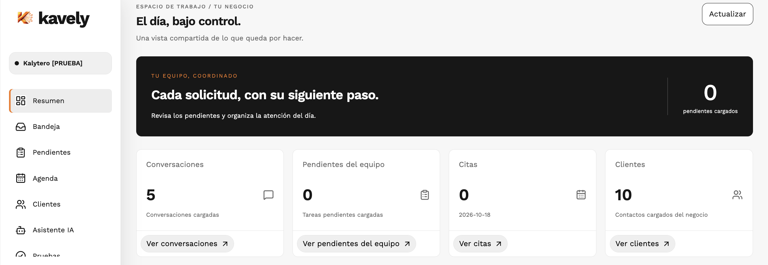 Dashboard de Kavely con resumen de conversaciones, pendientes, citas y clientes